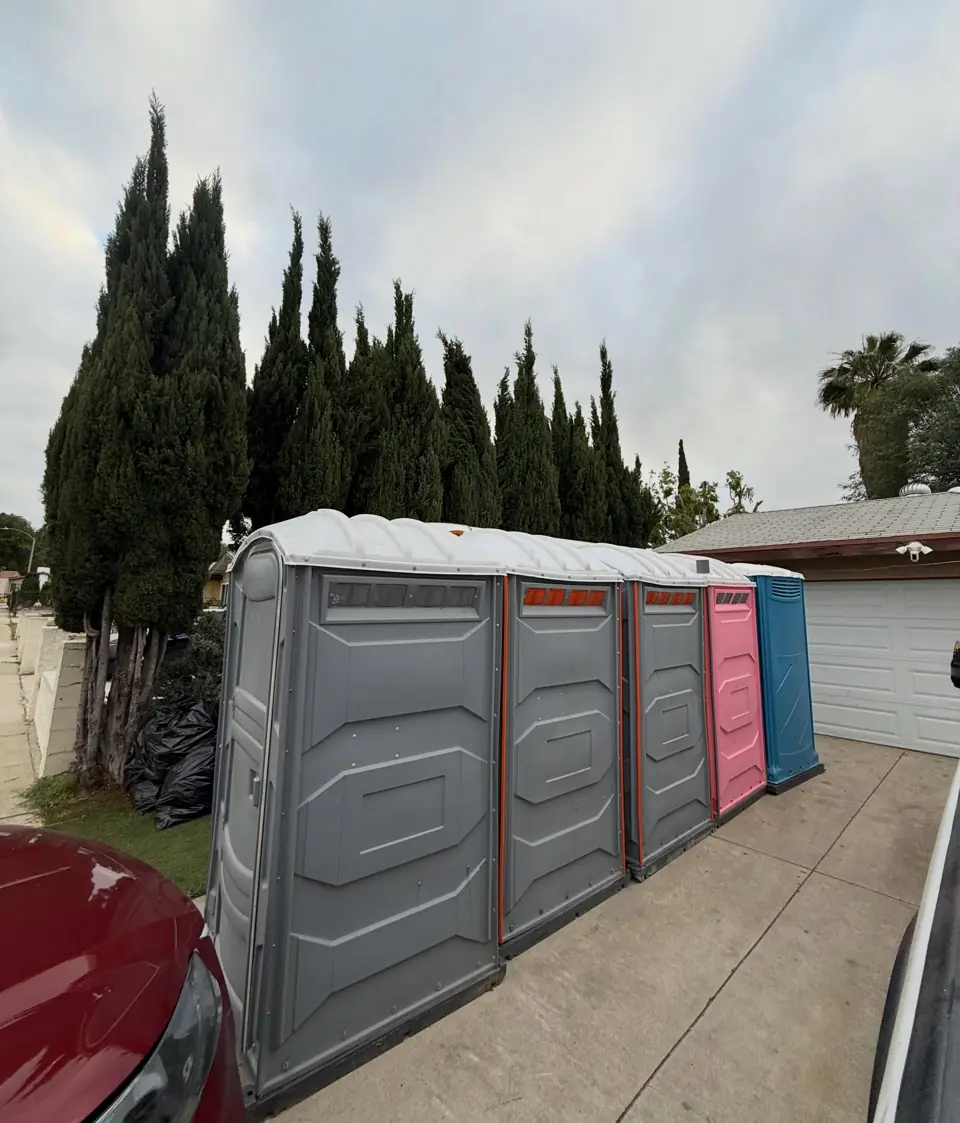 Row of gray and pink porta potties on an event parking lot
