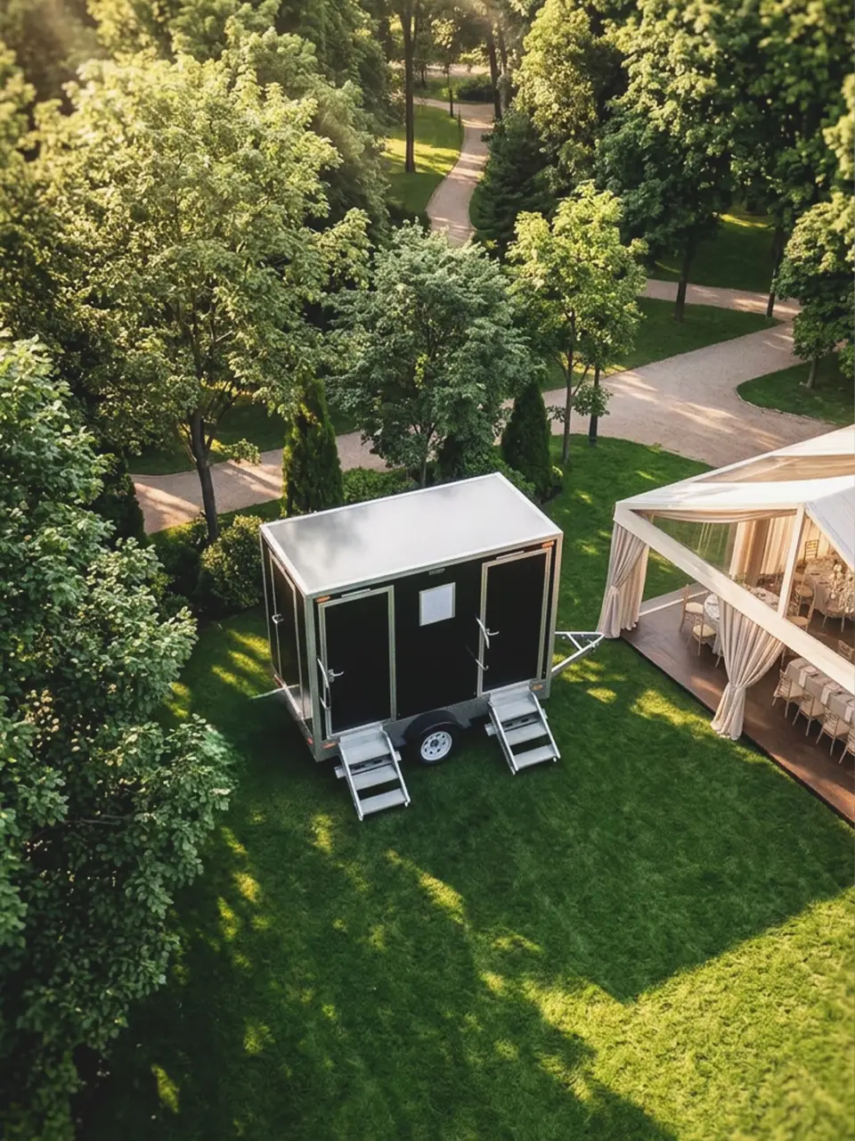 Aerial view of a restroom trailer placed beside event tents on a lawn